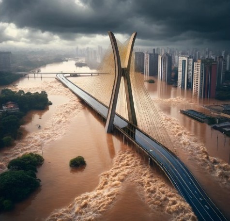 Imagem gerada por inteligência artificial simulando uma grande enchente em São Paulo